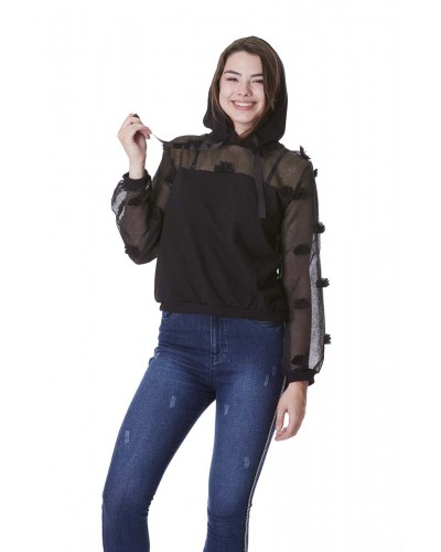 KAPÜŞONLU TÜLLÜ SWEAT